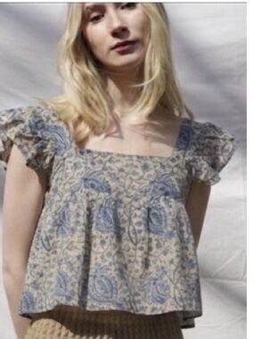 MATTA Blue Floral Boho Square Neckline Ruffle Sleeve Top  Sz M PTP 18” MSRP $175